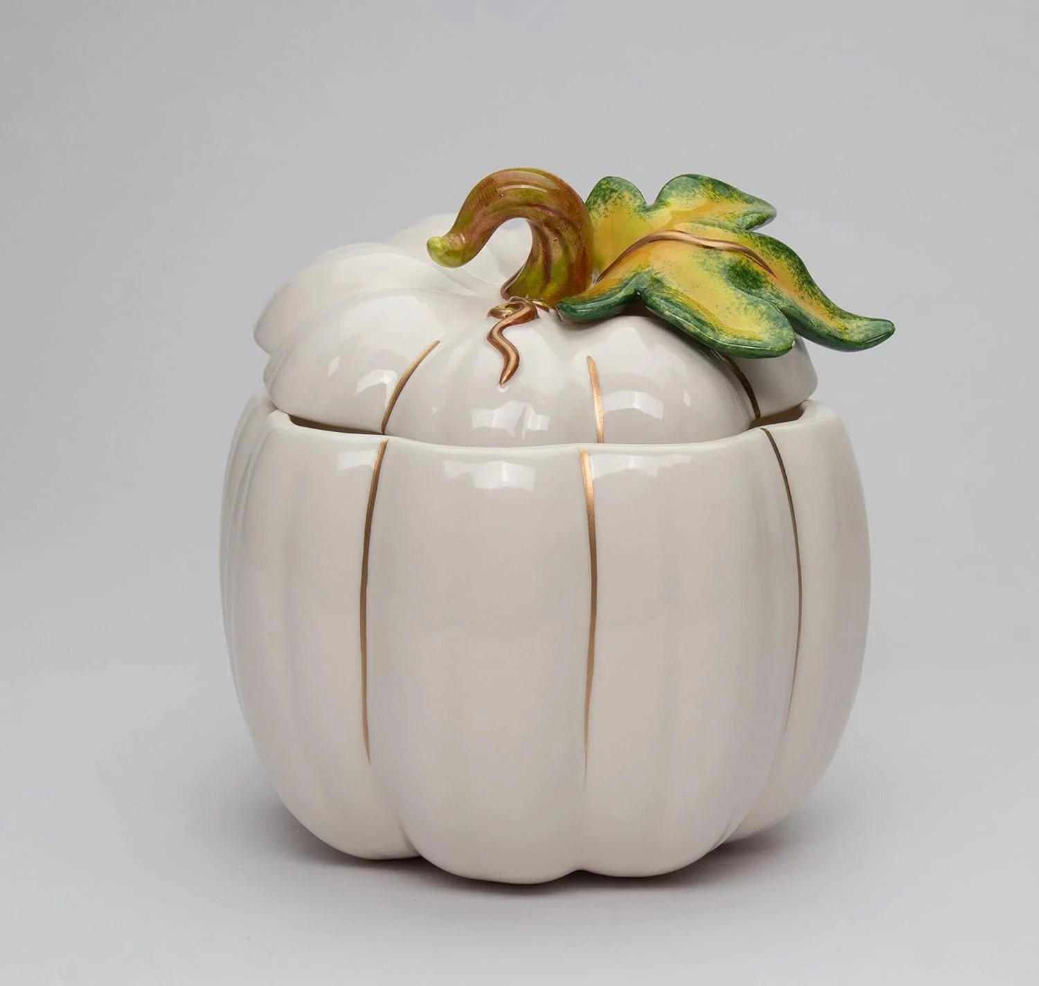 Fine Ceramic Thanksgiving Harvest White Pumpkin Cookie Candy Jar, 6-5/8