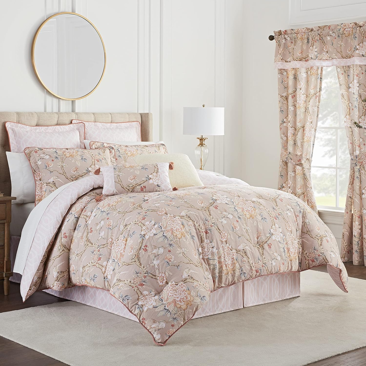 Waverly Peony Gardens 4 Piece Cotton Comforter Set, Embellished All Season Bedding, includes One Comforter, One Bed Skirt and Two Pillow Shams, Machine Washable Queen Bed Set, Taupe