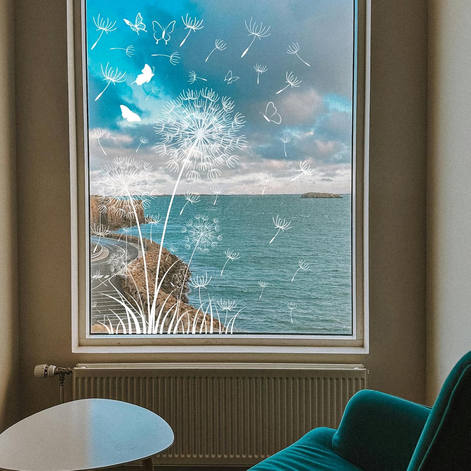 White Dandelion Window Clings Flying Flower Butterflies Window Sticker Self-Adhesive Creative DIY Decals for Bedroom Home Anti-Collision Window Decor Store Display Large Glass Door Decorative