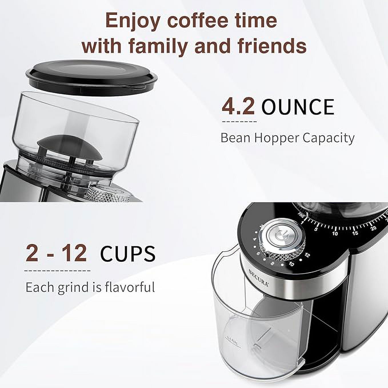 Open Box Secura Coffee Grinder Electric Conical Burr Coffee Grinder - Stainless Steel