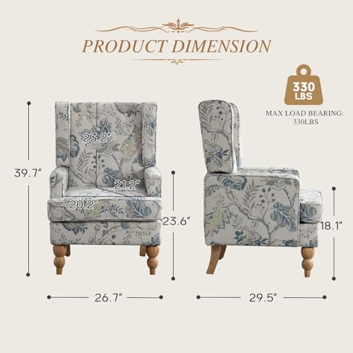 Simore Wingback Living Room Chair,Floral Upholstered Accent Chairs Set of 2,Modern Button Printed Fabric Armchair with Sturdy Wood Legs and High Back for Reading in Bedroom/Home Office/Study, Blue
