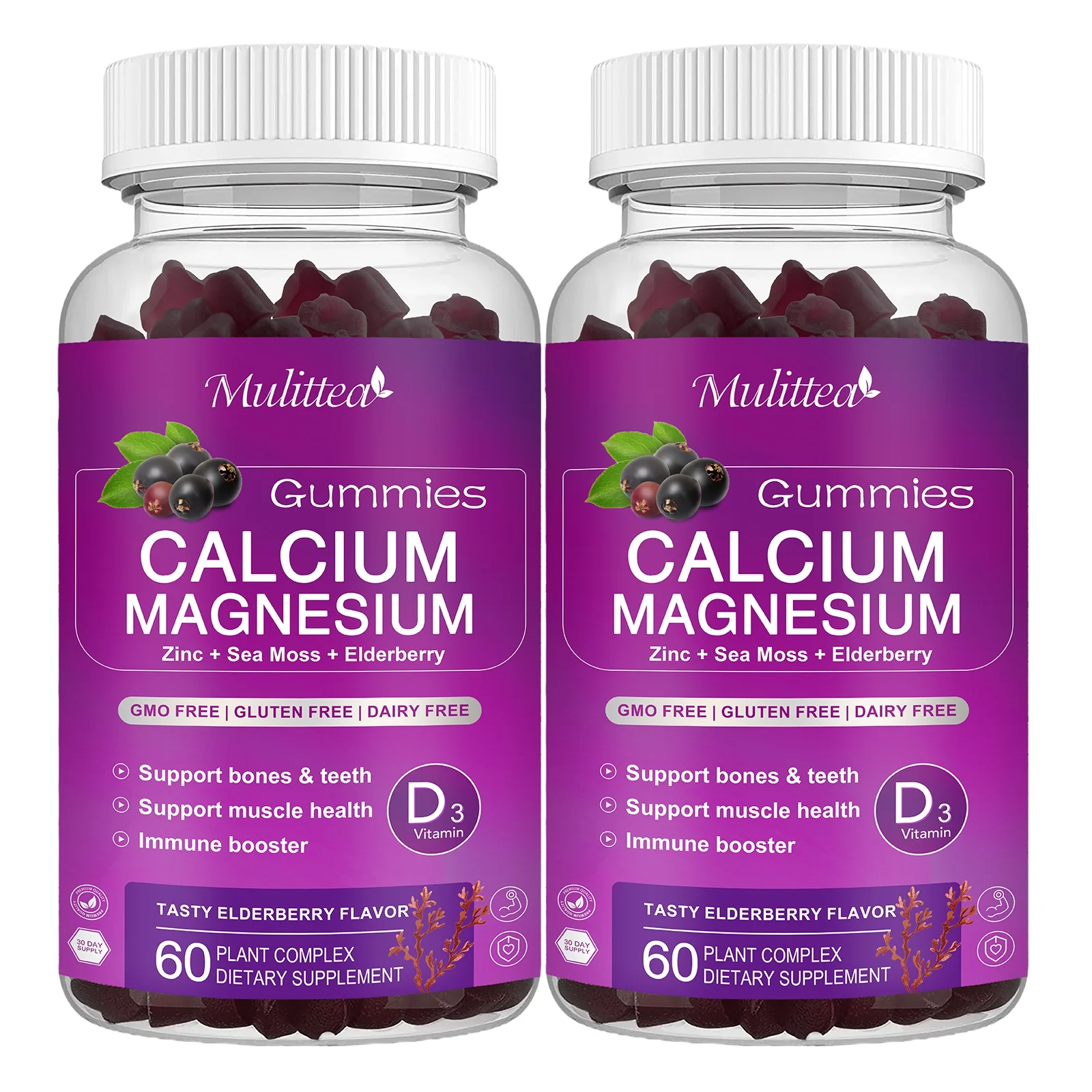 Calcium Magnesium Zinc Gummies with High Absorption Magnesium Glycinate 200mg, Potassium -Plant Complex Calcium Supplement w/ D3 & Sea Moss for Bone, Muscles, Calm Mood & Sleep Support* (2 Pack)