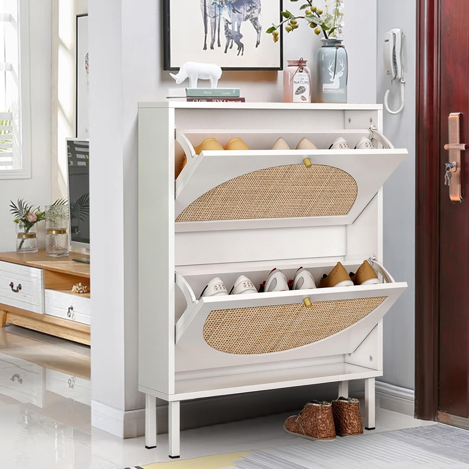 Yoluckea Rattan Shoe Cabinet with 2 Flip Drawers for Entryway Modern Wooden Shoe Rack Shoe Storage Cabinet Free Standing Shoe Rack for Heels Slippers for Entryway Hallway Bedroom Small Space (White)