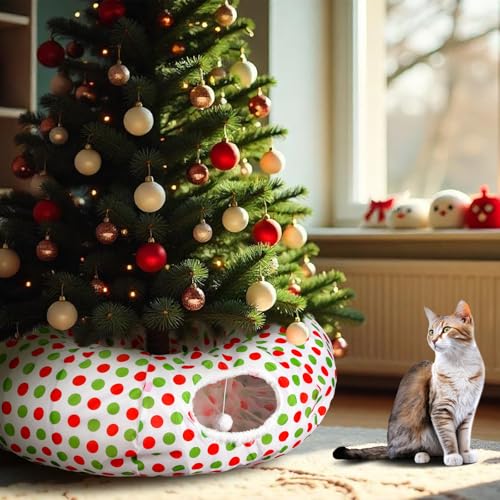 Soulchen Cat Tunnel Christmas Tree Skirt 3ft x 3ft Red and Green Bed Cat Tunnel Under Christmas Tree Protector Collapsible Bed with Ball Washable Cushion for Kitten Indoor Peekaboo Xmas Gifts