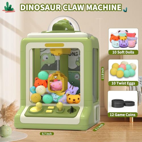 Dinosaur Claw Machine for Kids Ages 3+, Mini Electronic Arcade Game Vending Toy Candy Dispenser Crane Prize Machine with Music for Boys Girls Christmas Birthday Party Gift(6.7*6.1*11.8in)