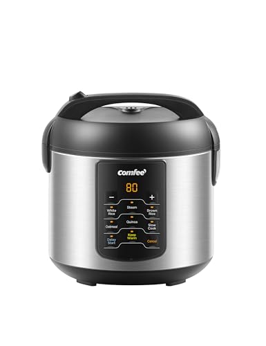 COMFEE' Compact Rice Cooker, 6-in-1 Stainless Steel Multi Cooker, Slow Cooker, Steamer, Saute, and Warmer, 2 QT, 8 Cups Cooked(4 Cups Uncooked), Brown Rice, Quinoa and Oatmeal, 6 One-Touch Programs