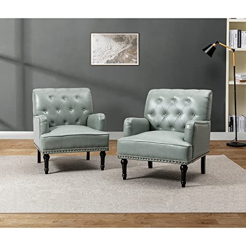 HULALA HOME Faux Leather Accent Chair with Button-Tufted Back, Comfy Upholstered Armchair with Nail Head Trim and Retro Wood Legs, Single Sofa Chair for Living Room Bedroom,SAGE