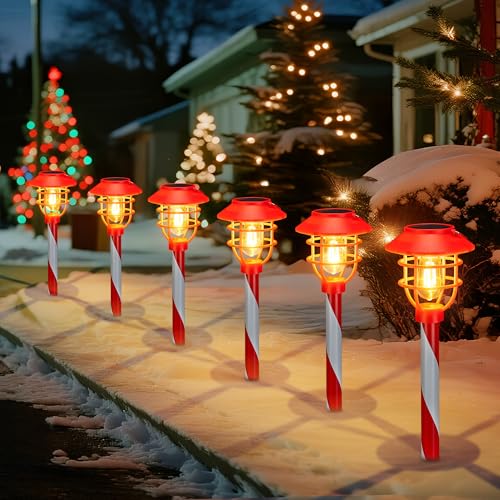 6 Pack Solar Pathway Lights Outdoor Christmas Decorations, Waterproof Candy Cane Christmas Pathway Lights for Yard, Walkway, Driveway, Garden Decor, Solar Powered Outdoor Lights for Xmas Gifts