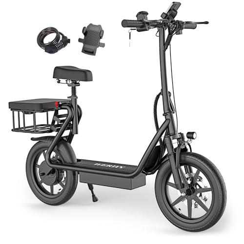 Electric Scooter with Seat, 500W Motor, 14'' Tires, Top Speed 22 mph, Max 27/49 Miles Ranges, Foldable E-Scooter with Suspension (49miles-Dual Brakes-Suspension-Lock-Backseat)