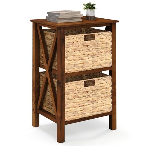 Giantex 2-Tier Nightstand with Wicker Baskets Set of 2, Wooden X-Design Side Table End Table, Beside Table with Acacia Wood Legs, Mid Century Accent Storage Cabinet for Small Spaces, Bedroom, Walnut