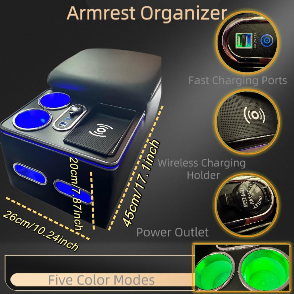 Center Console Armrest Organizer with Wireless Charging Phone Holder & Cup Holders for Car & Minivan & Van Truck Floor Cab Back Bench Seat Storage Box - Black