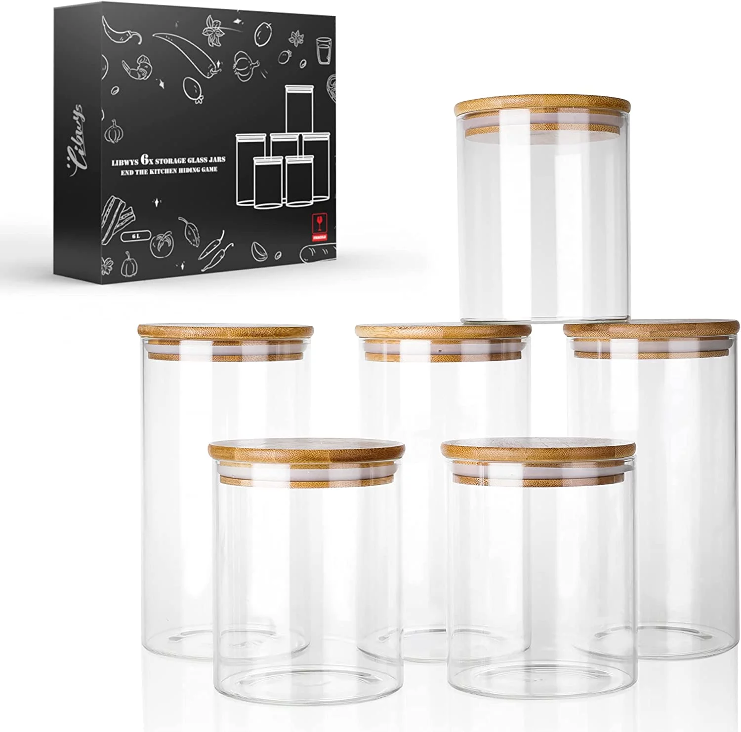 Set of 6 Storage Jars with Lids, 2 Sizes: 800 ml, 1200 ml Kitchen Airtight Storage Jars with Bamboo Lid, Made of Reinforced Borosilicate Glass