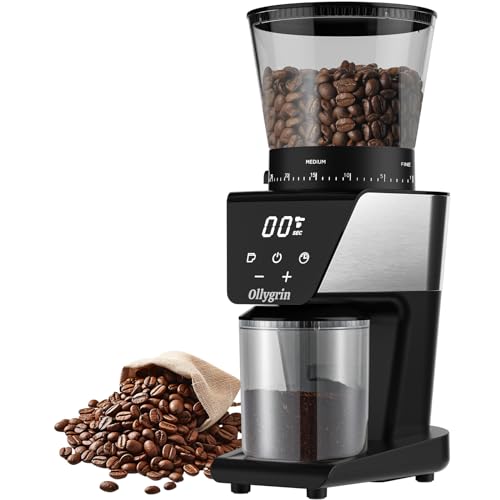 Ollygrin Electric Conical Burr Coffee Grinder, Coffee Bean Grinder Stainless Steel with Digital Timer Display, Coffee Bean Burr Mill Grinder with 30 Precise Grind Settings 12 Cups SilverV02S