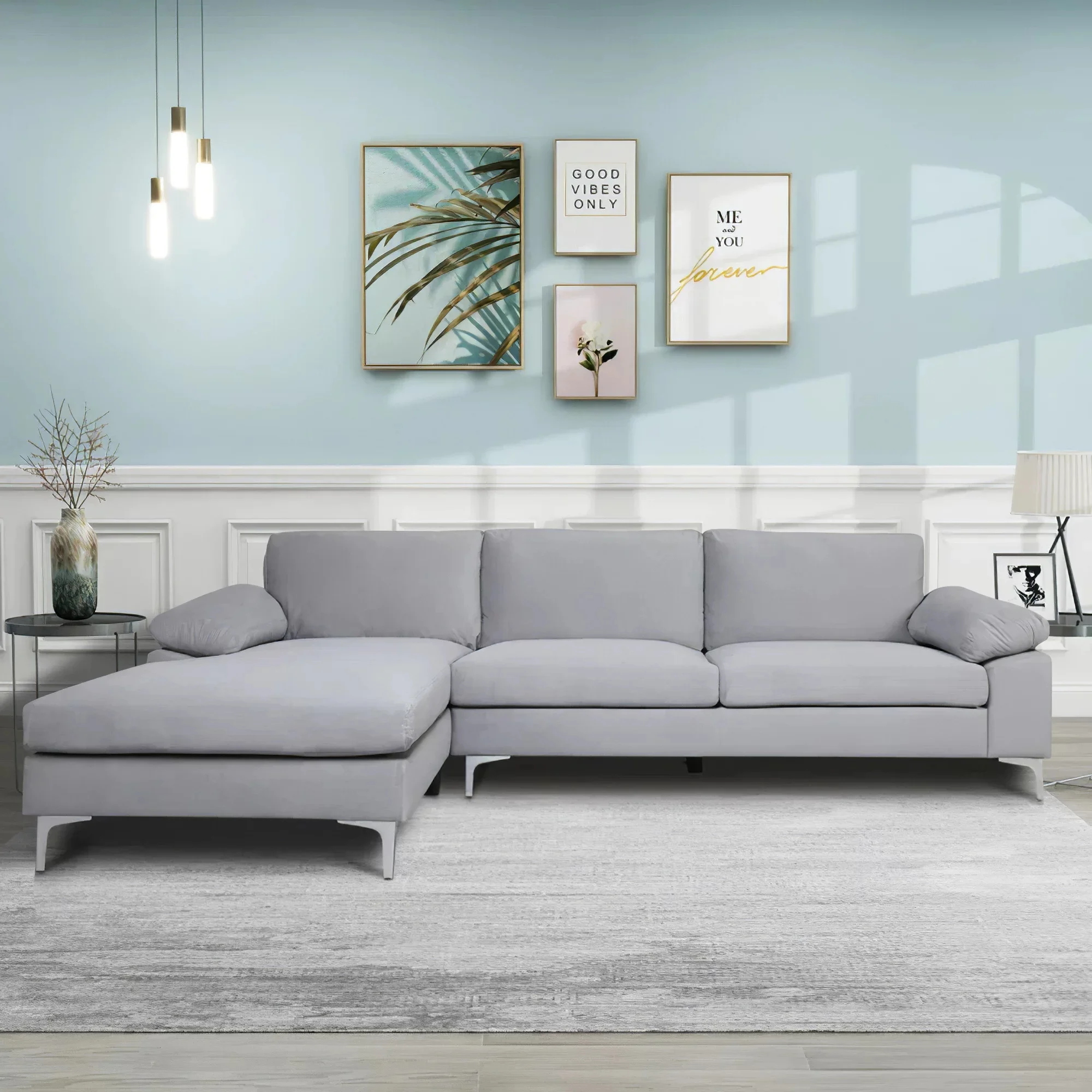 Fooing Modern Velvet Sofa Sectional Sofa, L-Shape Sofa  Couch with Extra Wide Chaise Lounge, Left Hand Facing Gray
