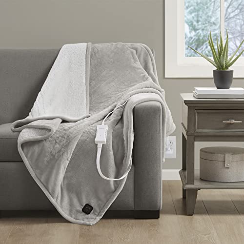 Beautyrest Plush to Sherpa Reversible Electric Blanket, Built-in Soft Button Controller, Auto Shut Off, Multi Heat Setting, UL Certified, Machine Washable Heated Throw, 50x60 Red Plaid