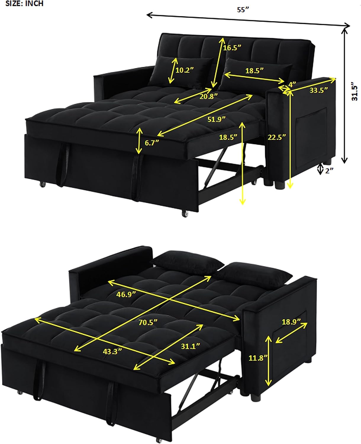 3 in 1 Convertible Sleeper Sofa Couch with Pull Out Bed,Small Futon Loveseat Lounge Chaise with Reclining Backrest and Armrest,Soft Upholstered Love Seats RV Furniture for Living Room