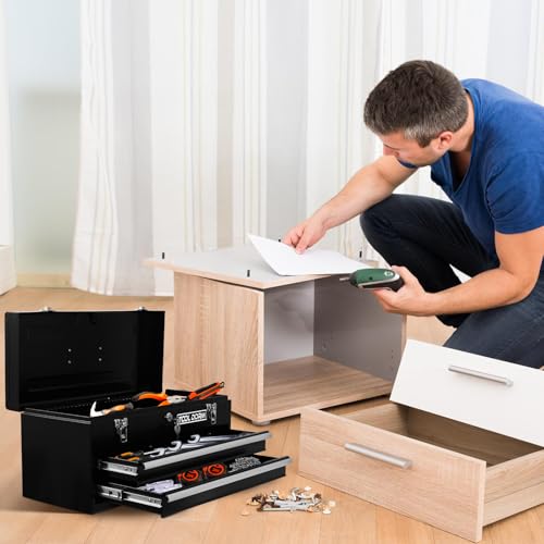 20.3“ Metal Tool Box with Drawer Portable Steel Metal Tool Box with Metal Latch Closure and Lock for Garage, Home and Warehouse (Black-3 Drawers)
