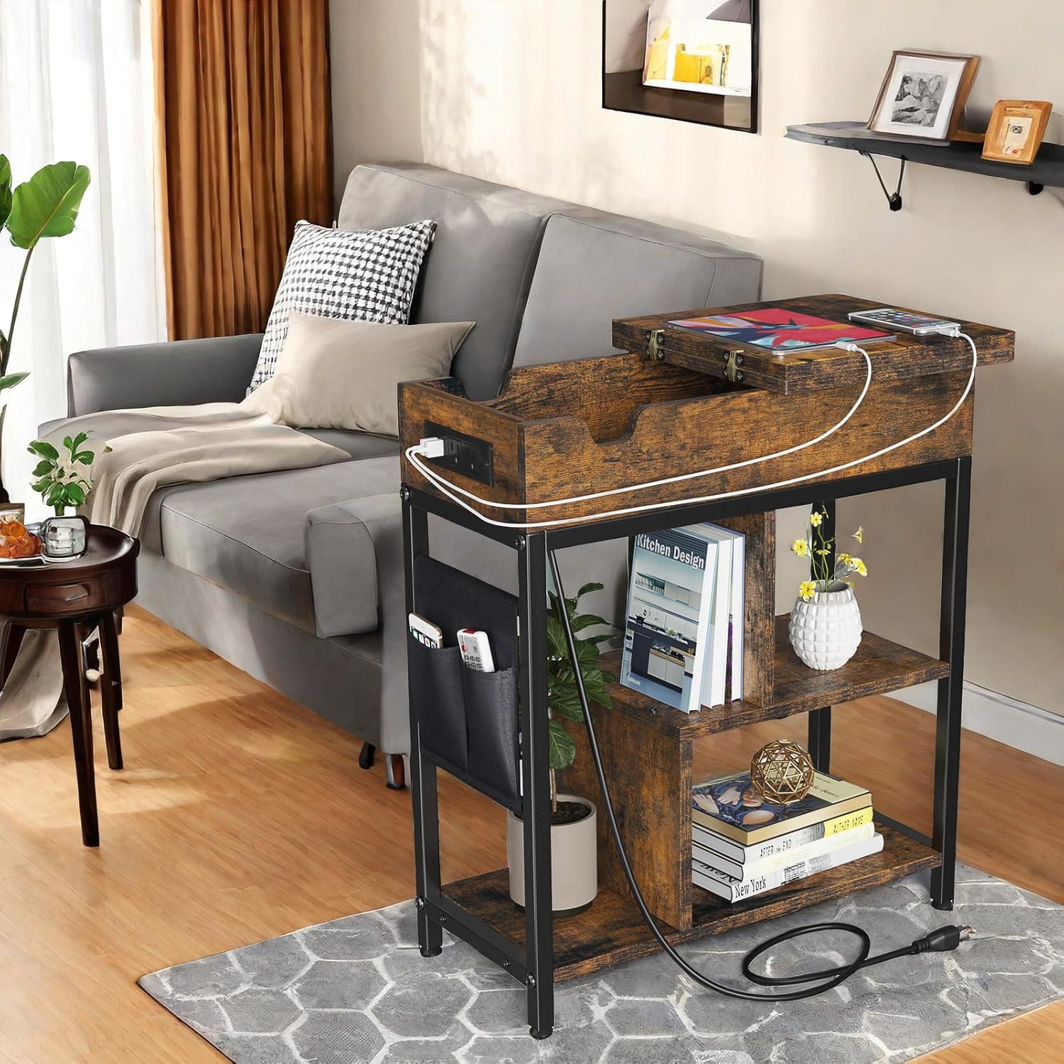 LinTimes Side Table with Charging Station, Flip Top End Table with USB Ports and Outlets, Bedside Table with Shelves and Storage Bag, Nightstand Couch Table for Living Room, Bedroom, Small Spaces