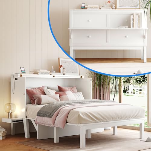 Queen Murphy Bed, Modern Wall Bed with Desk, Built-in Dual Power/USB Ports, Wood Murphy Bed Cabinet Bed Removable Shelves, Murphy Bed Chest Murphy Bed Frame for Guest Bedroom, Pulley Design, Grey