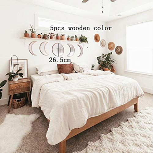 5 pcs Moon Phase Mirror Set Acrylic Wall Decorative Interior Design Wooden Moon Phase Mirror Bohemian Wall Decoration for Home Living Room Bedroom - Not Real Mirror (B)