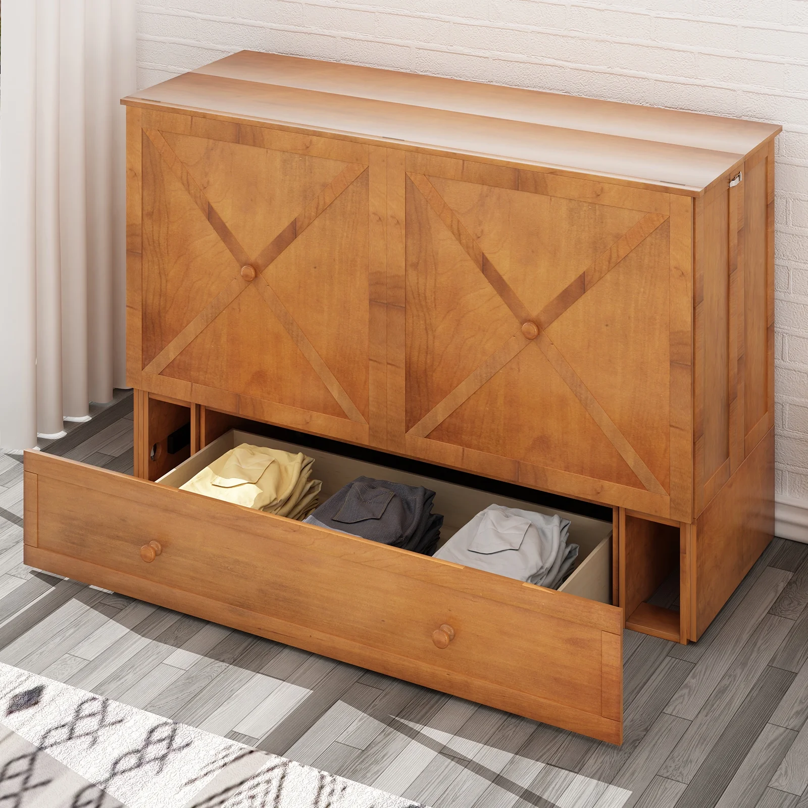 Mjkone Murphy Bed ,Murphy Cabinet Chest Bed, Cube Cabinet Space-Saving Murphy Bed with Charging Station for Multipurpose Guest Room or Home Office, Queen(Cherry)