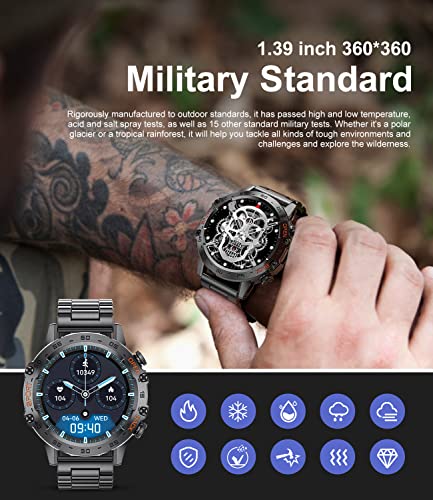Smart Watch for Men,100 Sports Modes Smart Watches with Bluetooth Call (Answer/Dial Calls), 5ATM Waterproof Rugged Tactical Fitness Tracker 1.39''HD Smart Watch for iOS and Android