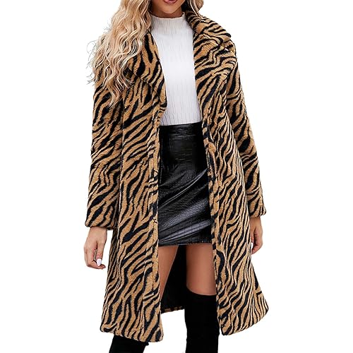 Womens Winter Coats Leopard Print Fleece Cardigan Faux Fur Long Jacket Retro Lapel Warm Overcoat Plus Size Trench Coat