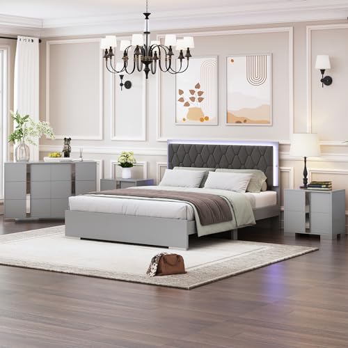 4-Piece Bedroom Furniture Set, Queen Wood Upholstered Bed with LED Lights, 2 Mirrored Nightstands, 6-Drawer Dresser with Metal Handles and Legs (Grey)