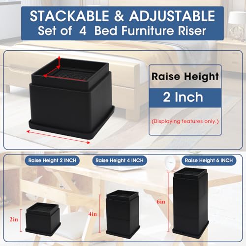 Bed Risers 2 inch, Set of 8, Adjustable Bed Furniture Risers 1, 2 or 3 inch, Heavy Duty Bed Lifts Risers with Rubber Pad for Sofa, Bed, Table, Couch & Chair