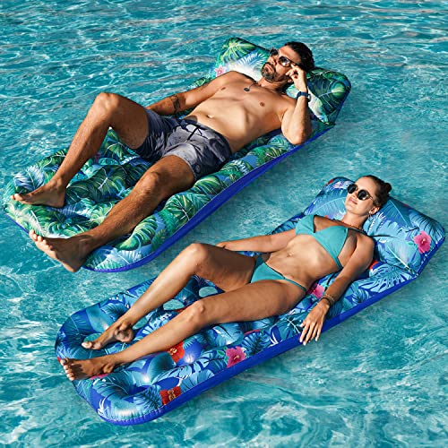FindUWill Inflatable Pool Floats Adult, 2 Pack Large Pool Float Raft with Headrest for Adults, Tanning Pool Lounger Cooling Pool Floaties for Vacation