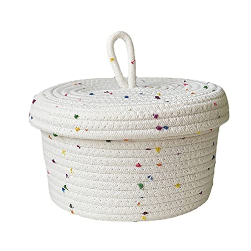 Cotton Rope Storage Basket with Lid Round Basket Small Woven Basket with Lid Decorative Woven Baskets for Organizing for Home Storage, Living Room(18x12cm)