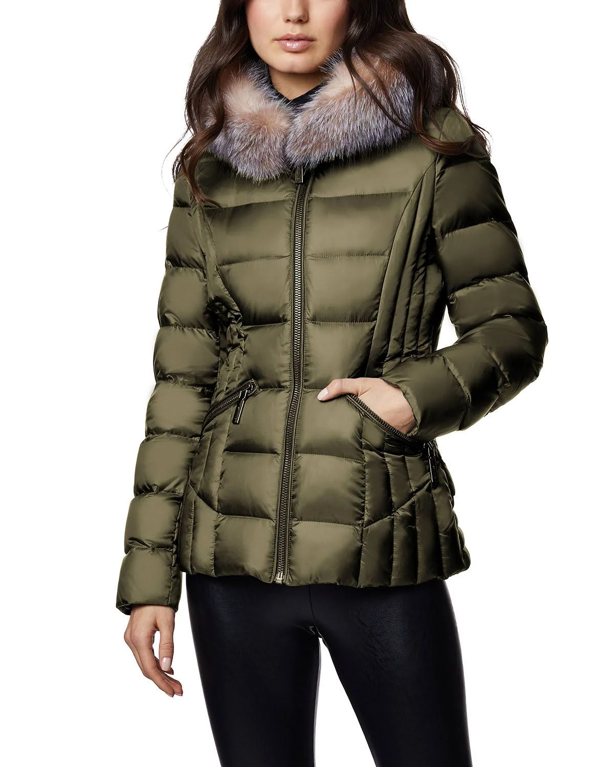 Dawn Levy Nikki Fox-Fur Trim Mid-Weight Puffer Olive