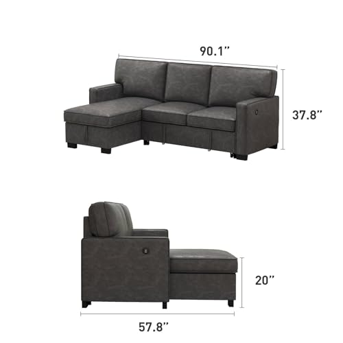 Convertible Sleeper Sofa 3 in 1, Chenille Modern L-Shaped Couches for Living Room, Pull Out Sectional Futon Sofa Bed with Storage Space, USB Ports and Cup Holders for Bedroom, Grey