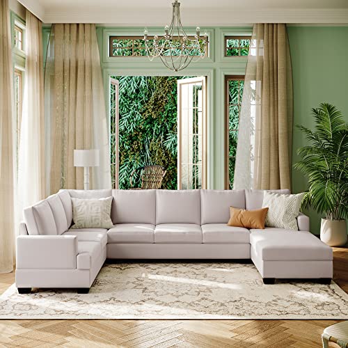 Modern Large Upholstered U-Shape Sectional Sofa, Extra Wide Chaise Lounge Couch, Beige Living Room Furniture