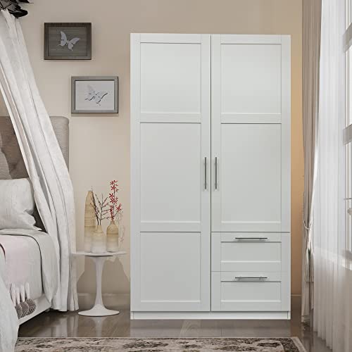 Kitchen Pantry Storage Cabinet, Tall Cabinet with 2 Doors and 2 Drawers, Freestanding Cupboard with Adjustable Shelves, Utility Pantry for Kitchen, Dining Room (White)