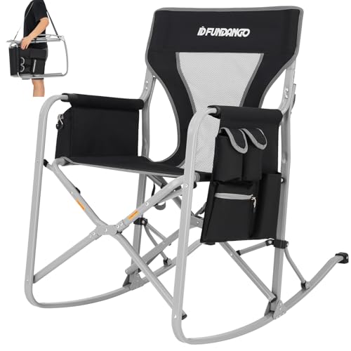 FUNDANGO Rocking Camping Chair for Adults, Oversized Portable Rocking Chair Outdoor Folding with Cooler and Side Pocket for Outside, Backyard, Patio, Lawn, Garden (Black/Grey)