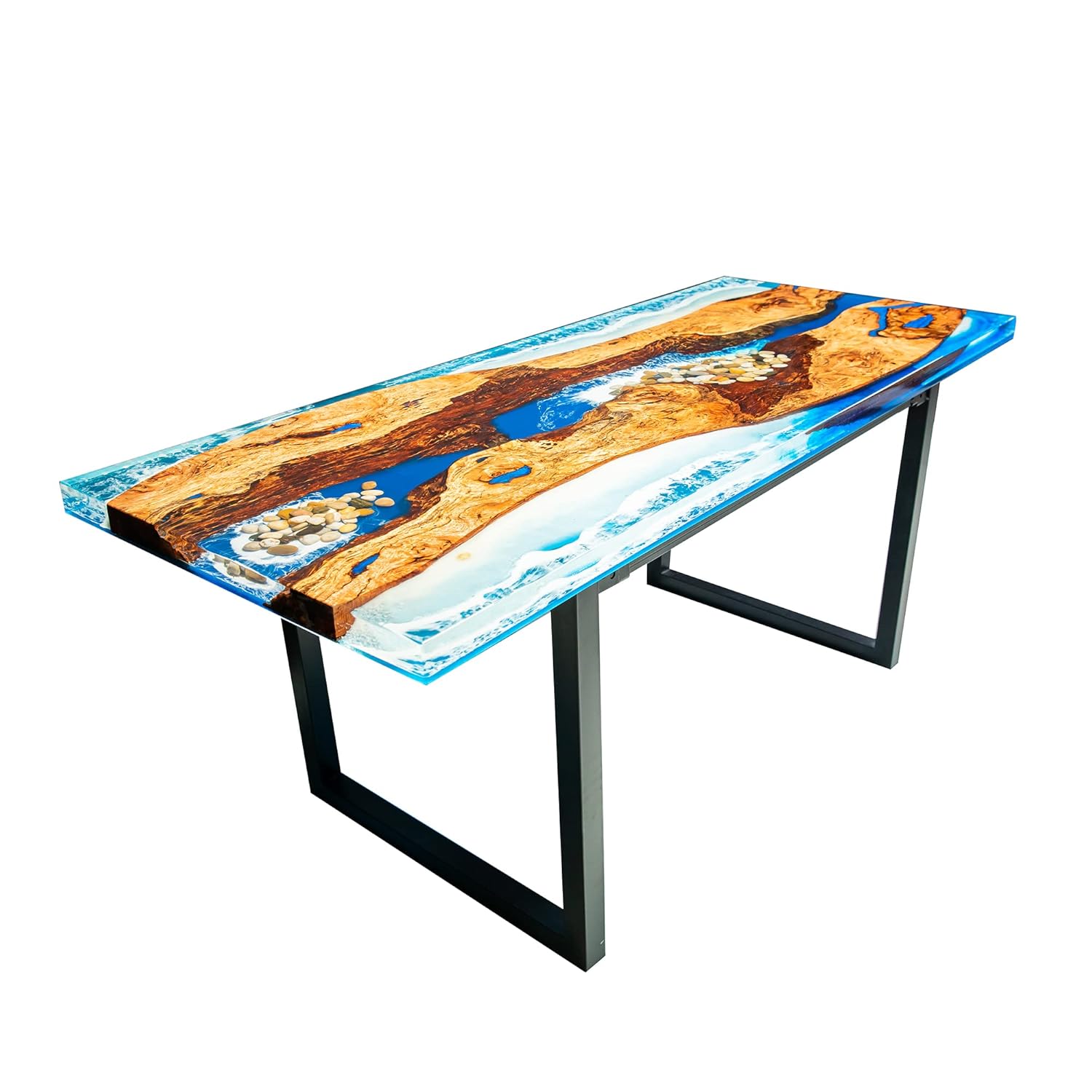 Hand Made Epoxy Resin Room Table for Home Office Living, Craft River Natural Edge Wood end Table, Blue Resin Dining Table for 2, 4, 6 Wood River Dining Table Top Large Tabletop