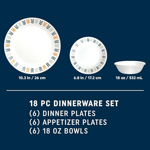 Corelle Everyday 18-PC Dinnerware Set, Service for 6, Durable and Eco-Friendly, Higher Rim Glass Plate & Bowl Set, Microwave and Dishwasher Safe, Sadie