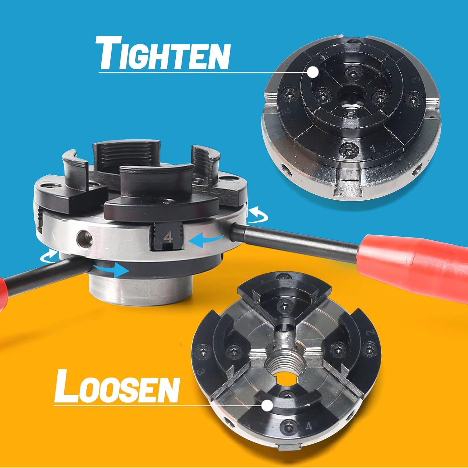 FJL FORCE Lathe Chuck Sets 4 Inch, Wood Lathe Chuck 5 Interchangeable 4-Jaw Wood Turning Lathe Nickel Plated Chuck, 1
