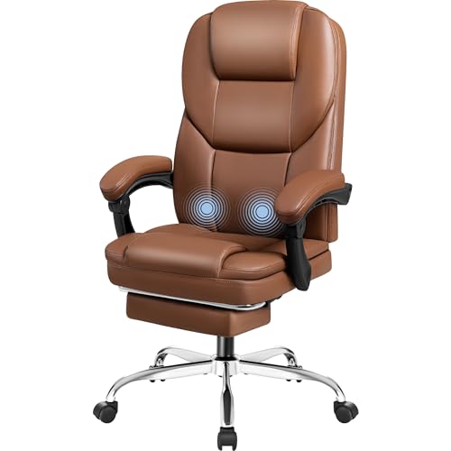 Executive Office Chair, Ergonomic High Back with Footrest, Reclining Leather Seats with Lumbar Support, Comfy with Double Thick Cushion, Big and Tall 500 Lbs Heavy Duty, Brown