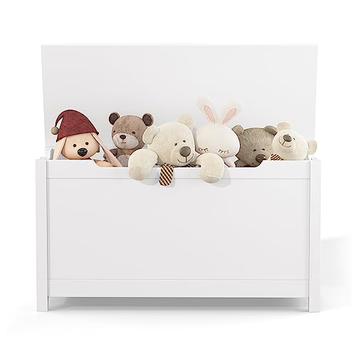 Wooden Toy Box,Kids Large Trunk Chest & Bench w/Safety Hinge,Kids Play Room Organizer, Flip-Top Storage Organizer for Children’s Playroom Bedroom Living Room Entryway,Gift for Ages 3+ (White)