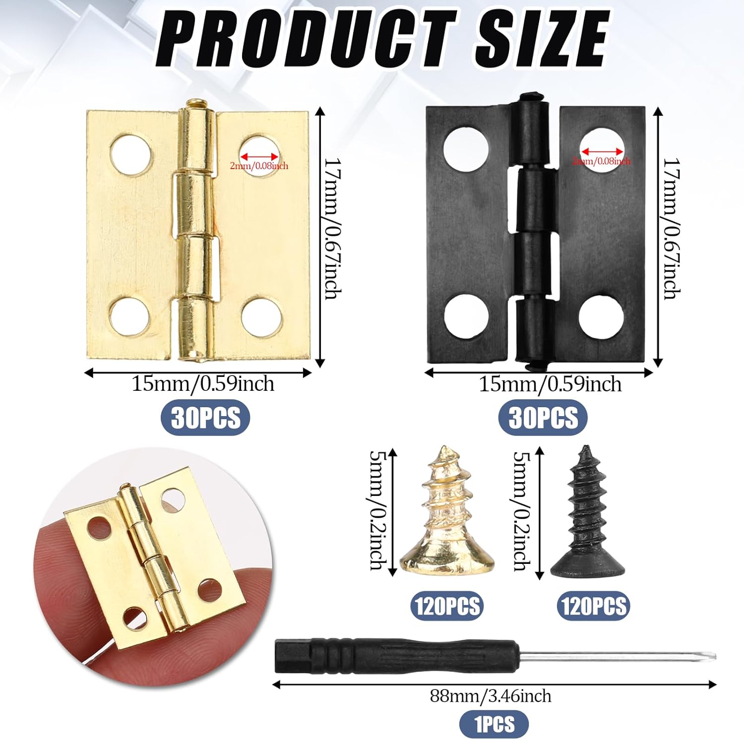 60Pcs Antique Mini Hinges for Dolls House, 15 * 18mm Miniature Hinges Stainless Steel Folding Butt Hinges with Screws and Screwdriver Small Hinges for Wooden Crafts Jewelry Box Cabinet Drawer