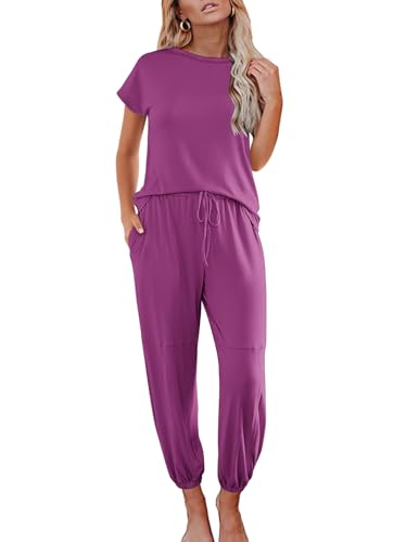 Ekouaer Pajamas for Women 2 Piece Lounge Sets Cap Sleeve Loungewear Top with Joggers Pants S-XXL