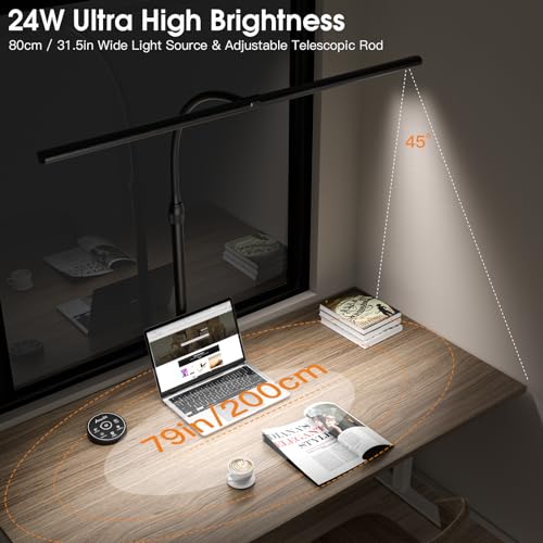 Desk Lamp for Home Office, Desk Light with Remote Control, Monitor Light with Telescopic Rod, Gesture Sensing Office Lamp, Architect Desk Lamp, Adjustable Brightness & Color Temperature, 24W