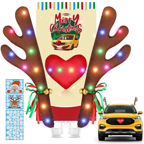Rudolph Car Decoration with LED Lights, Car Antlers for Christmas with Window Sticker, Jingle Bells, Rudolph Nose - Car Reindeer Auto Holiday Accessories Decoration Kit for SUV Van Truck
