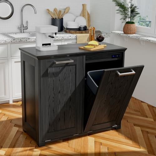 Wooden Tilt Out Trash Cabinet, Hidden Trash Can Cabinet 10-Gallon Garbage Cabinet for Kitchen, Living Room & Bathroom White Finish