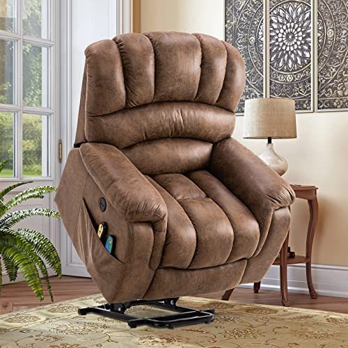 Large Power Lift Recliner Chair with Massage and Heat for Elderly Big Man, Extra Wide & Oversized Electric Recliner with 2 Remote Controls, 2 USB Ports & 2 Side Pockets, 350lbs Capacity (Brown)