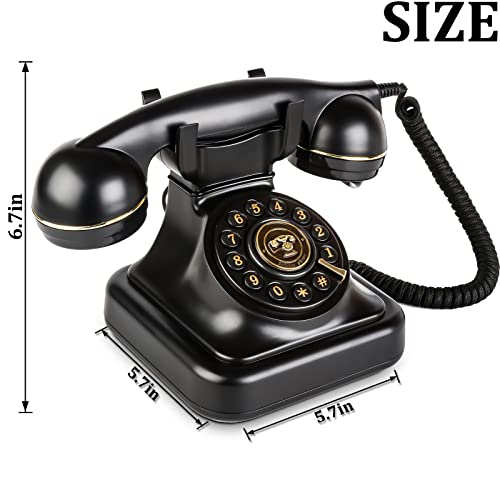 Rotary Design Retro Landline Telephone Classic Old Fashioned Corded Desk Phone, DesktopTelephone for Home Office Cafe Bar Decoration (Black)