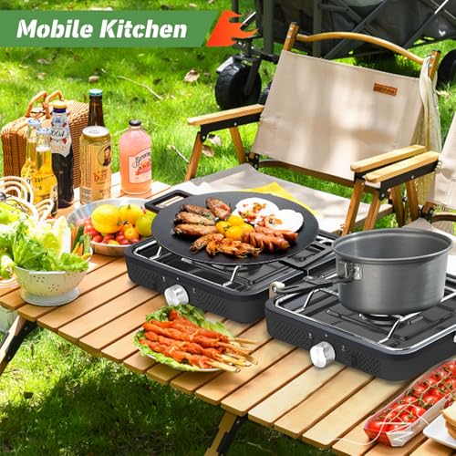 2-Burner Foldable Camping Stove with Griddle and Carrying Bag, Portable Propane Camp Stove with 2 Adjustable Burners & Piezo Ignition for Camping Tailgating Essentials Gear