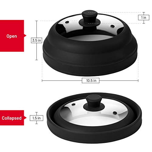 Microwave Glass Plate Cover Lid - Vented and Collapsible Design with A Safe and Easy Grip Silicone Handle – 10.5 Inch Diameter
